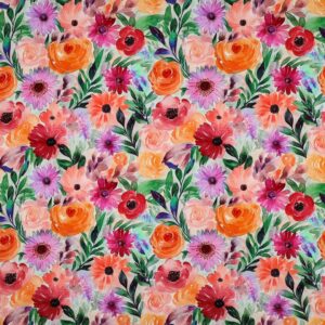 Viscose radiance digitaal bloemen oranje/groen