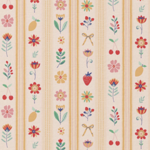 Katoen bloemen/strepen lichtgeel