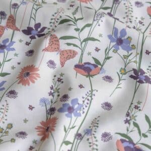 Poplin bloemen/vlinders offwhite